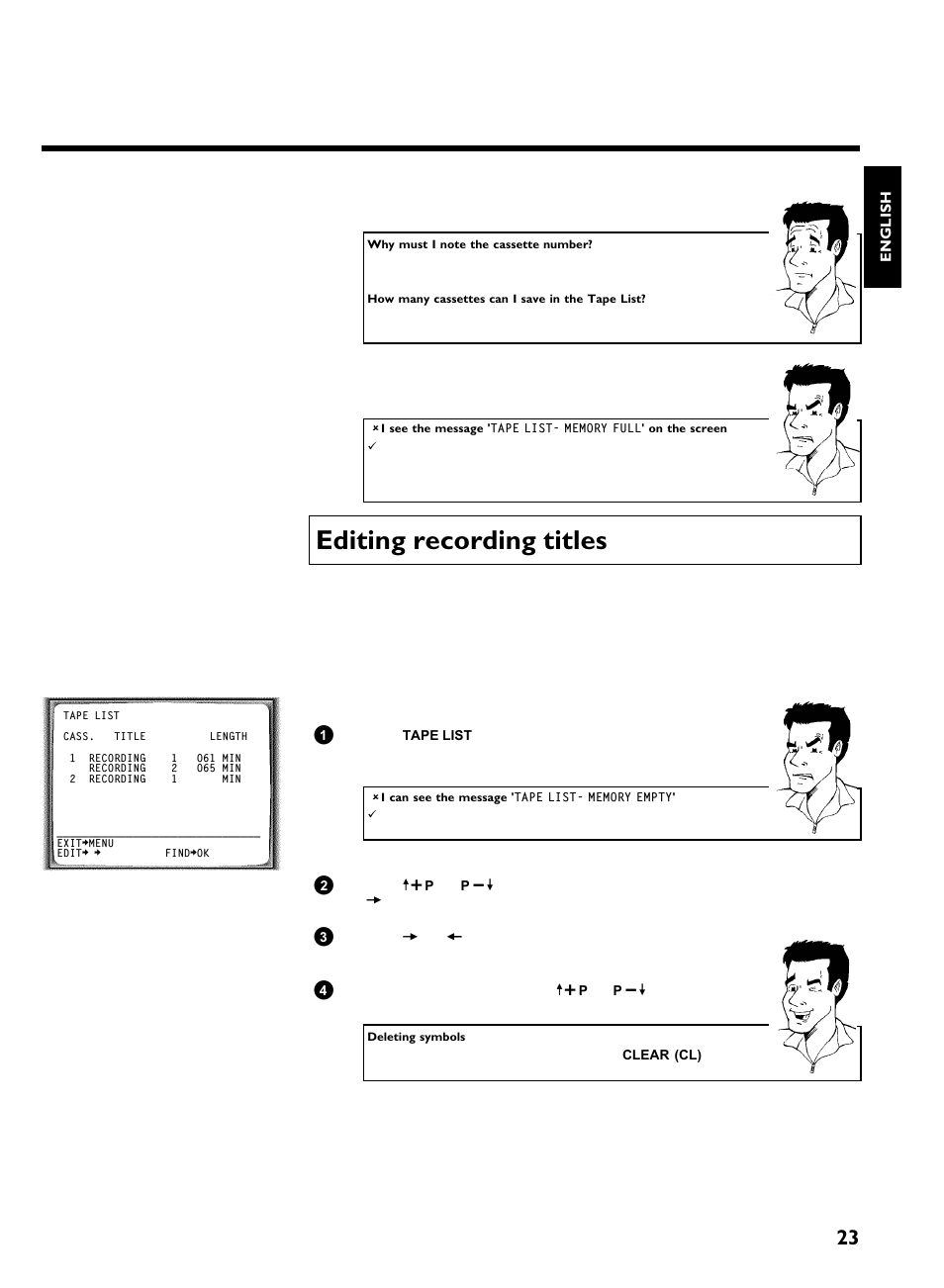 Editing recording titles, Tape list | Philips VR620/07 User Manual | Page 27 / 66