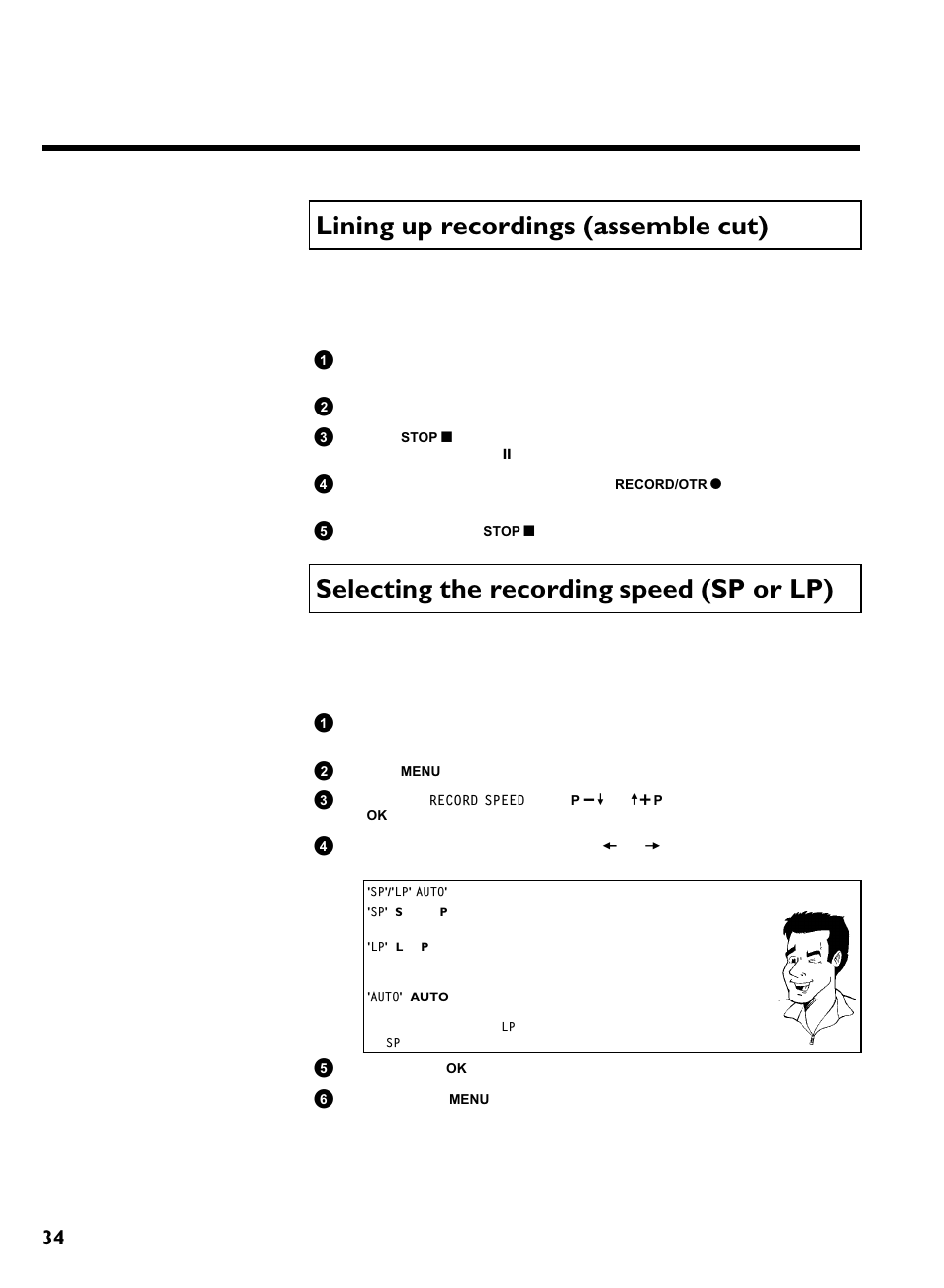 Lining up recordings (assemble cut), Selecting the recording speed (sp or lp), Manual recording | Philips VR620/07 User Manual | Page 38 / 66