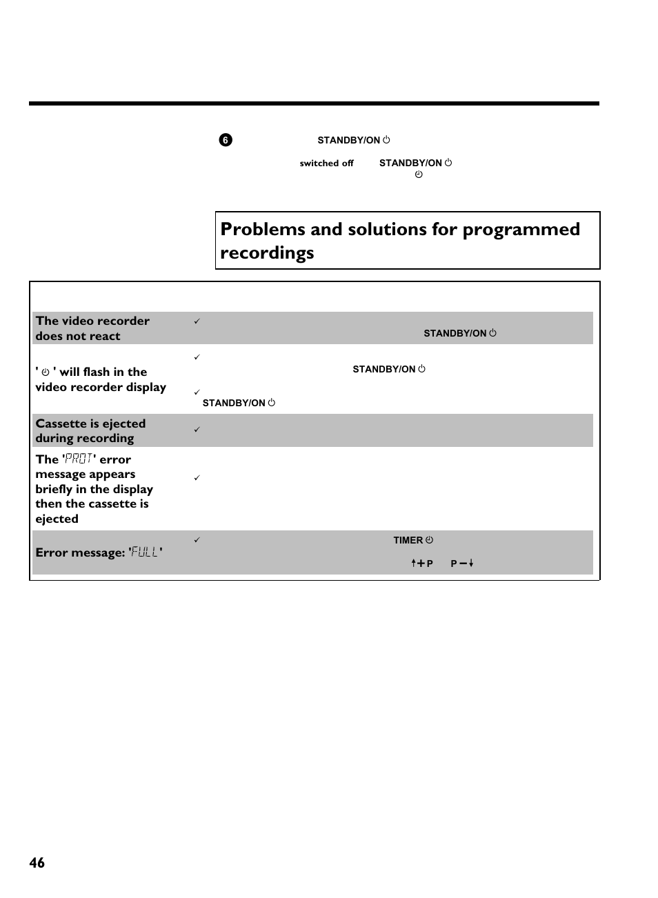 Problems and solutions for programmed recordings, Problem solution, Programming a recording (timer) | Philips VR620/07 User Manual | Page 50 / 66