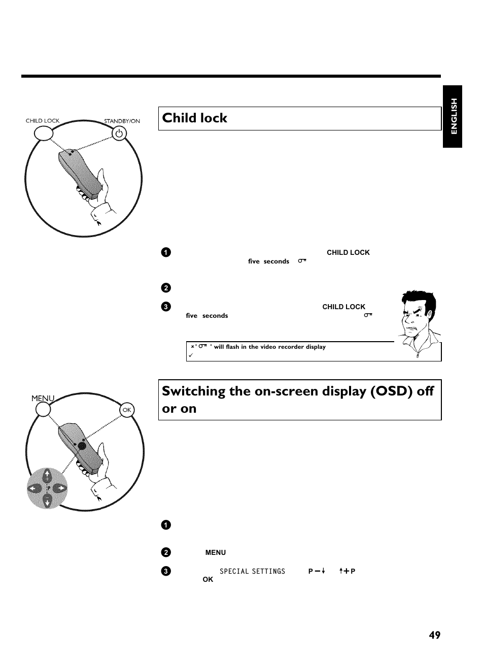 Child lock, Switching the on-screen display (osd) off or on, Switching the on screen display (osd) off or on | Other functions | Philips VR620/07 User Manual | Page 53 / 66