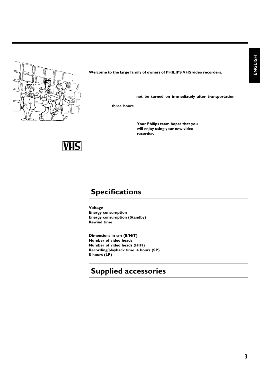 Specifications, Supplied accessories, Introduction | Philips VR620/07 User Manual | Page 7 / 66