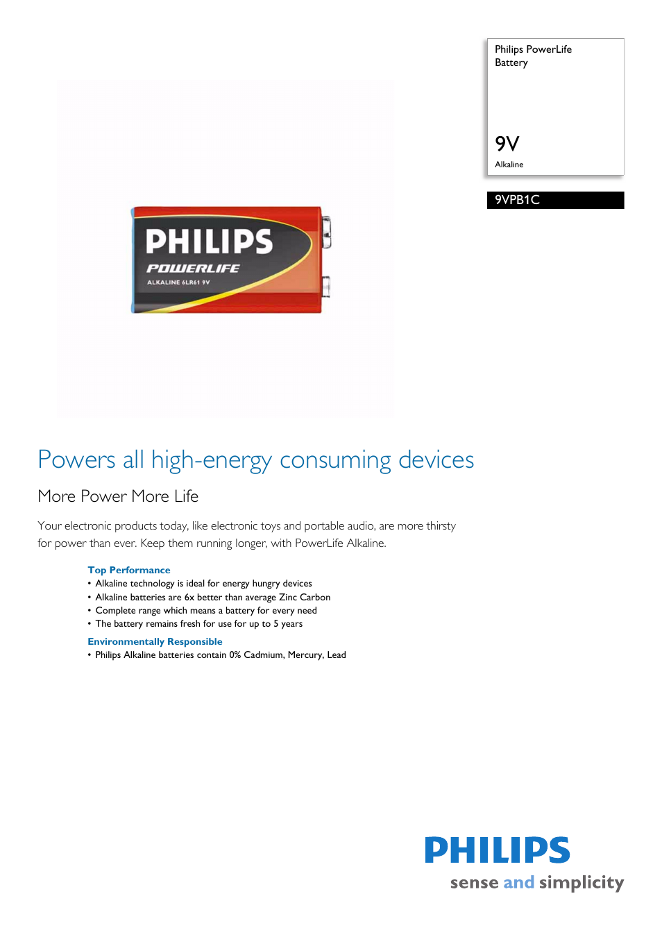 Philips Power Life 9VPB1C User Manual | 2 pages