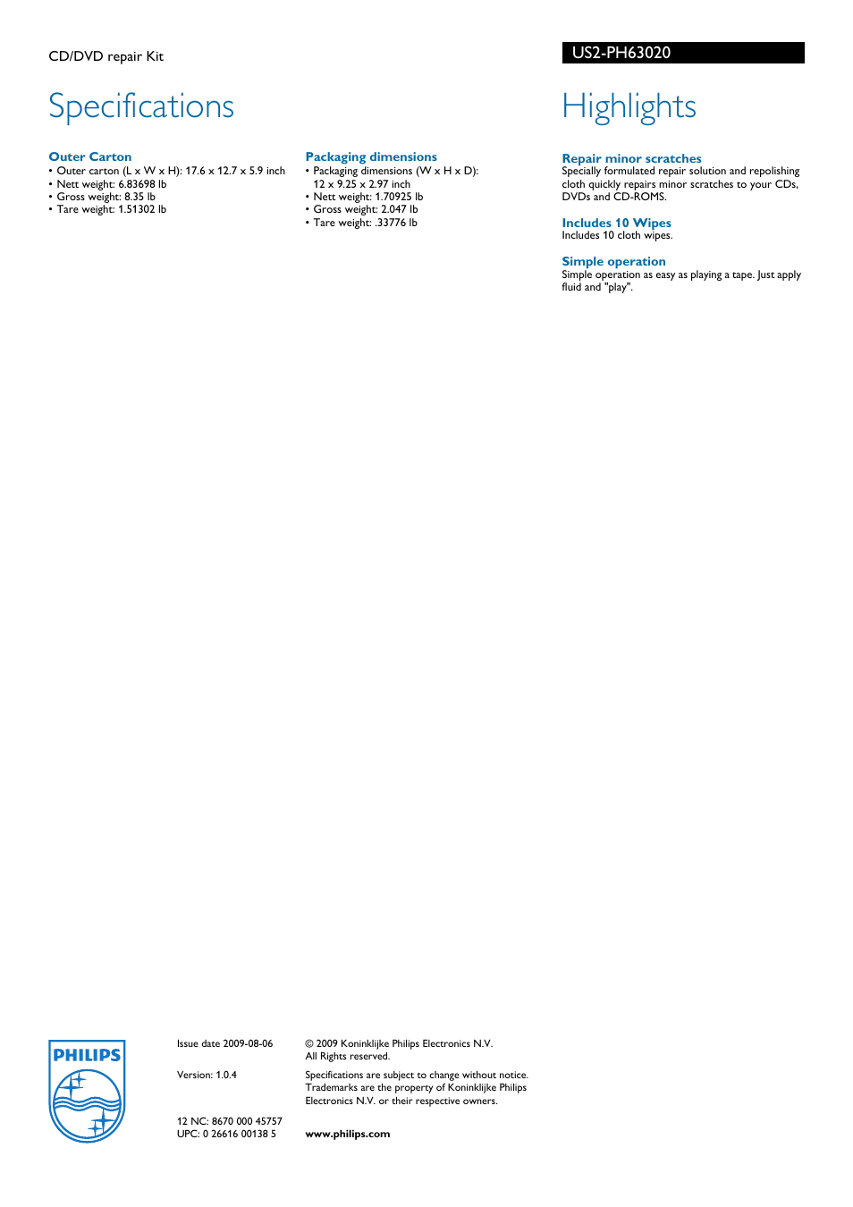 Specifications, Highlights | Philips US2-PH63020 User Manual | Page 2 / 2