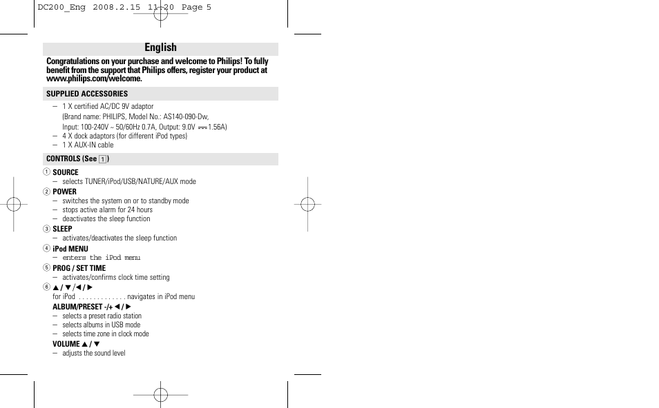 English | Philips DC200/05 User Manual | Page 5 / 17