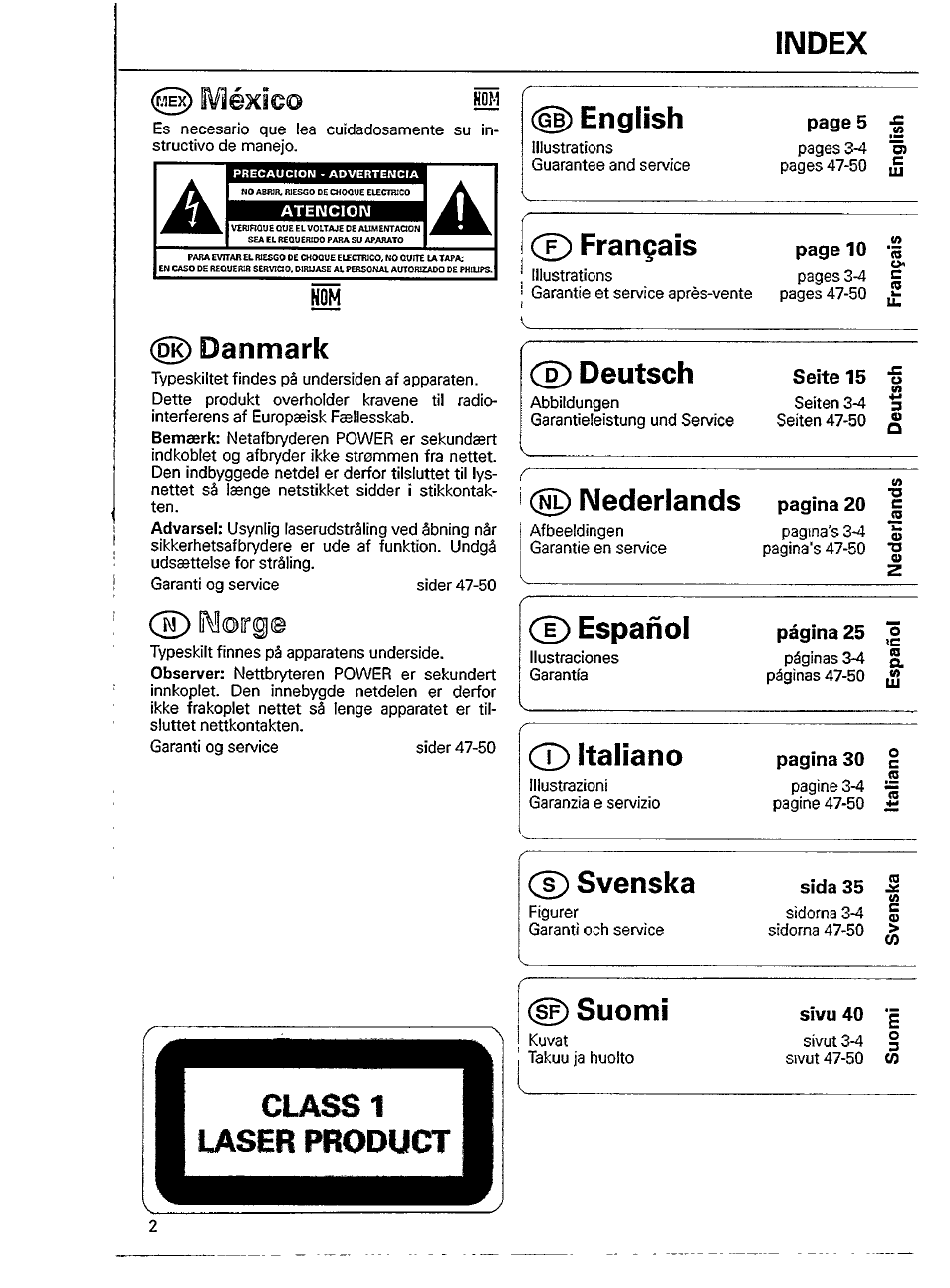 Danmark, Cd español, Cd italiano | Cd svenska, Pàgina 25, Index, English, Français, Deutsch, Nederlands | Philips RADIO CASSETTE RECORDER AZ 9213 User Manual | Page 2 / 15