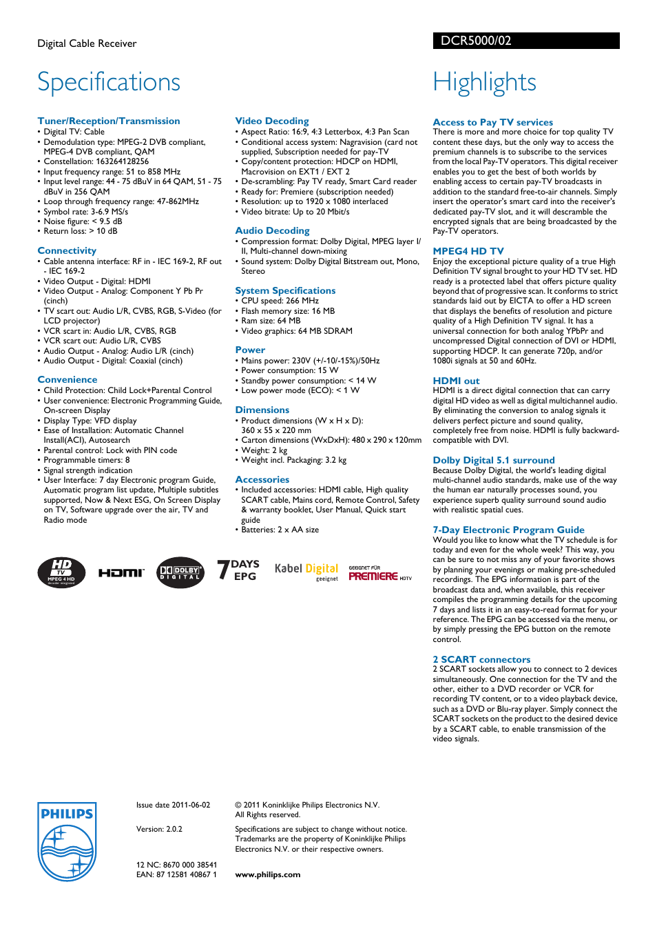 Specifications, Highlights | Philips DCR5000 User Manual | Page 2 / 2