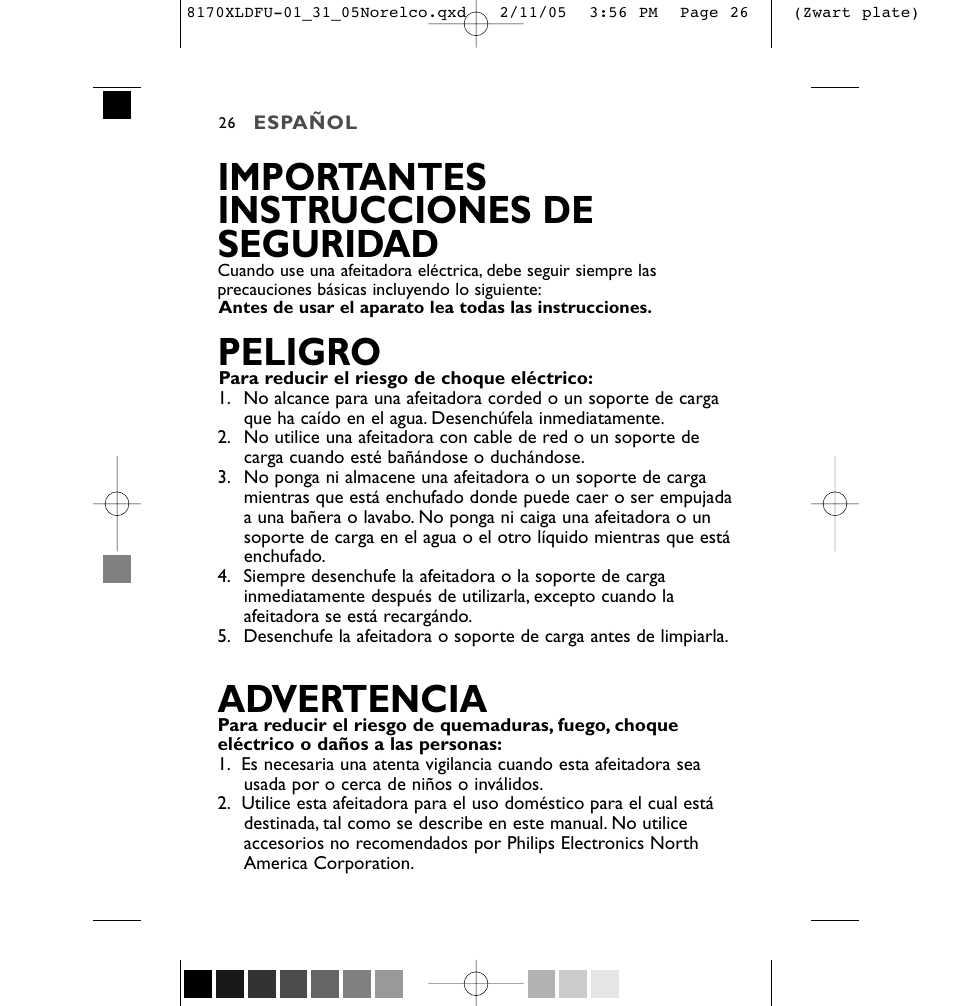 Importantes instrucciones de seguridad, Peligro, Advertencia | Philips Speed-XL 8170XLCC User Manual | Page 26 / 48