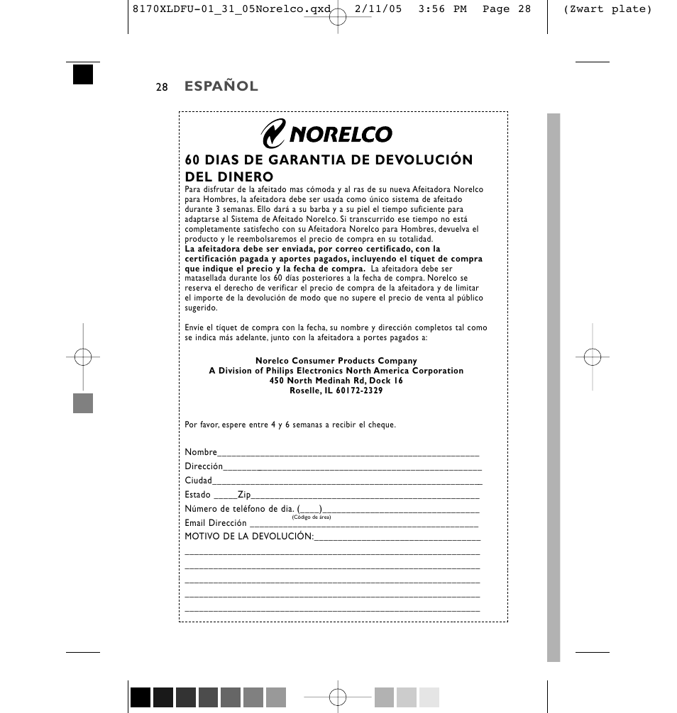 60 dias de garantia de devolución del dinero, Español | Philips Speed-XL 8170XLCC User Manual | Page 28 / 48