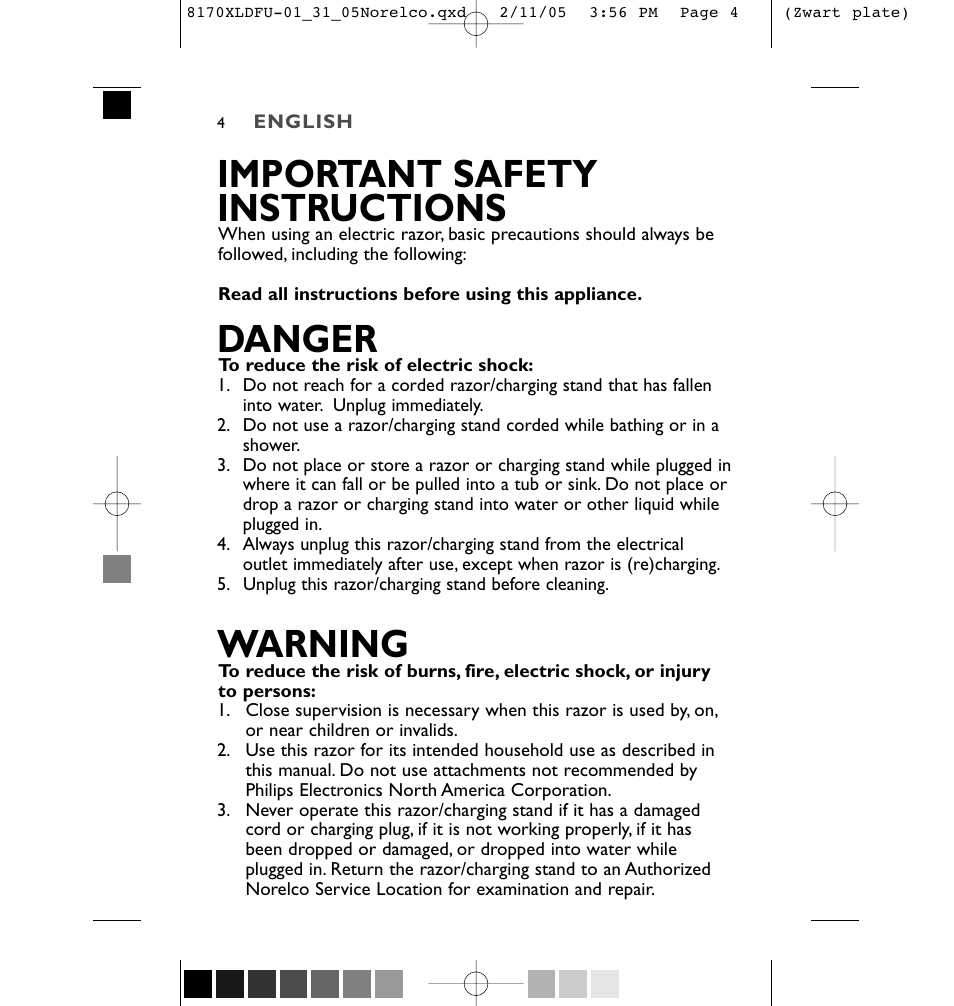 Important safety instructions, Danger, Warning | Philips Speed-XL 8170XLCC User Manual | Page 4 / 48