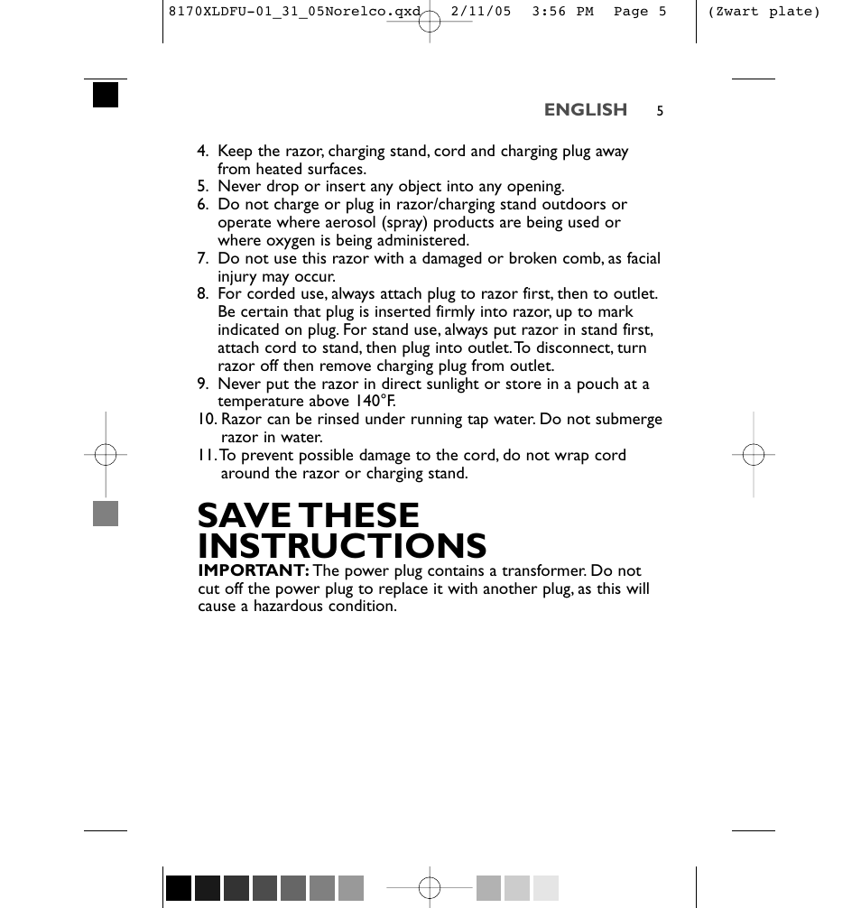 Save these instructions | Philips Speed-XL 8170XLCC User Manual | Page 5 / 48