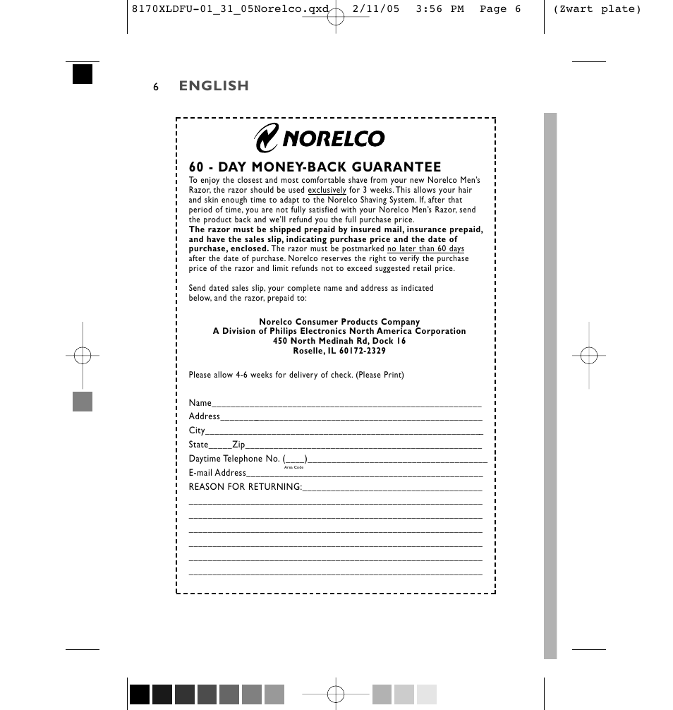 English, 60 - day money-back guarantee | Philips Speed-XL 8170XLCC User Manual | Page 6 / 48