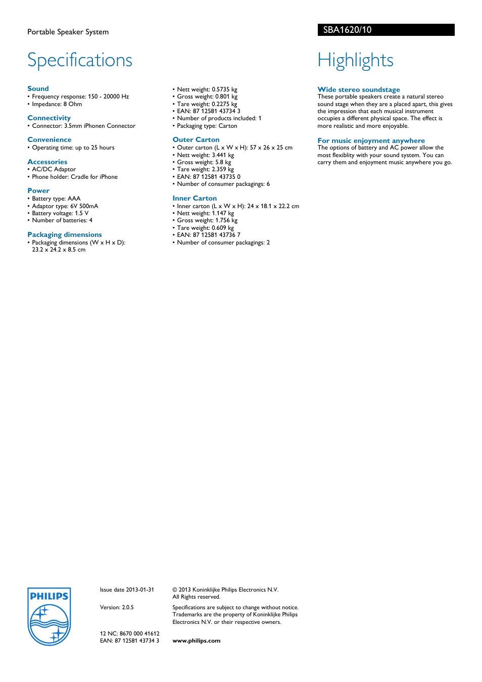 Specifications, Highlights | Philips SBA1620 User Manual | Page 2 / 2