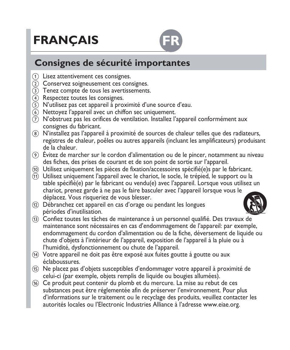 Français, Consignes de sécurité importantes | Philips Fidelio Docking speaker DS1100 User Manual | Page 11 / 27