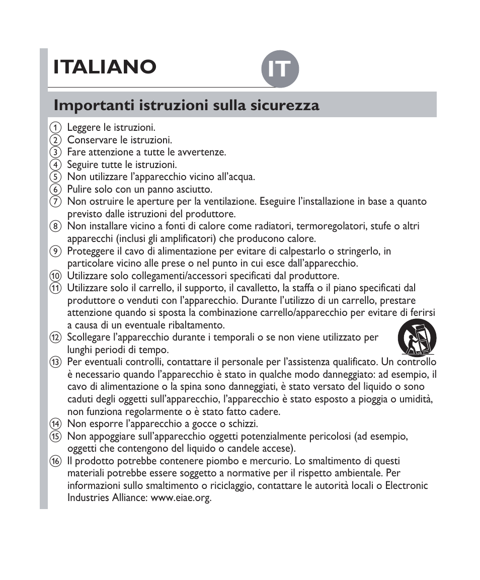 Italiano, Importanti istruzioni sulla sicurezza | Philips Fidelio Docking speaker DS1100 User Manual | Page 12 / 27