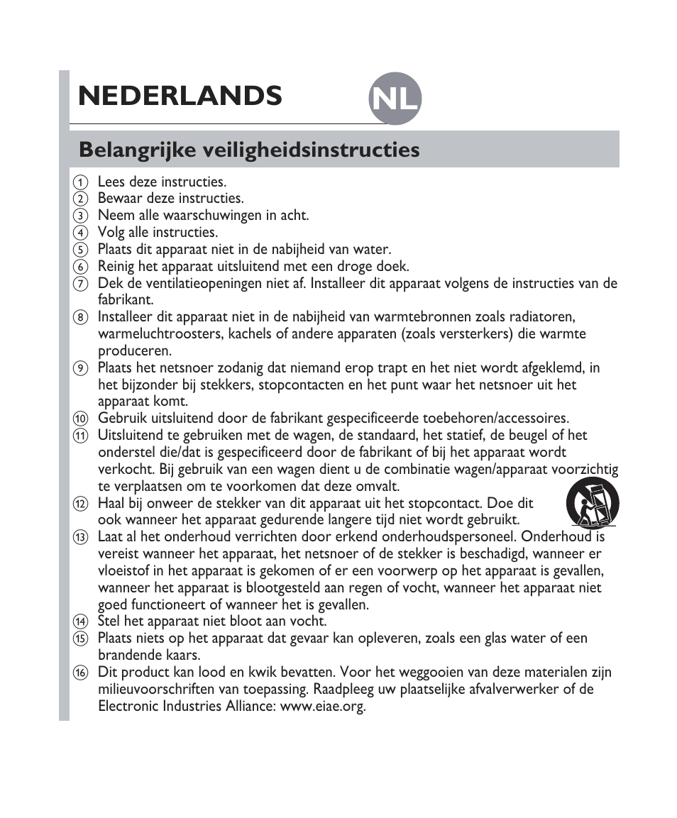 Nederlands, Belangrijke veiligheidsinstructies | Philips Fidelio Docking speaker DS1100 User Manual | Page 13 / 27