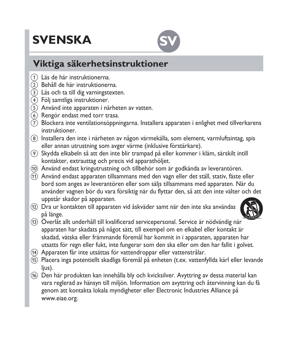 Svenska, Viktiga säkerhetsinstruktioner | Philips Fidelio Docking speaker DS1100 User Manual | Page 14 / 27