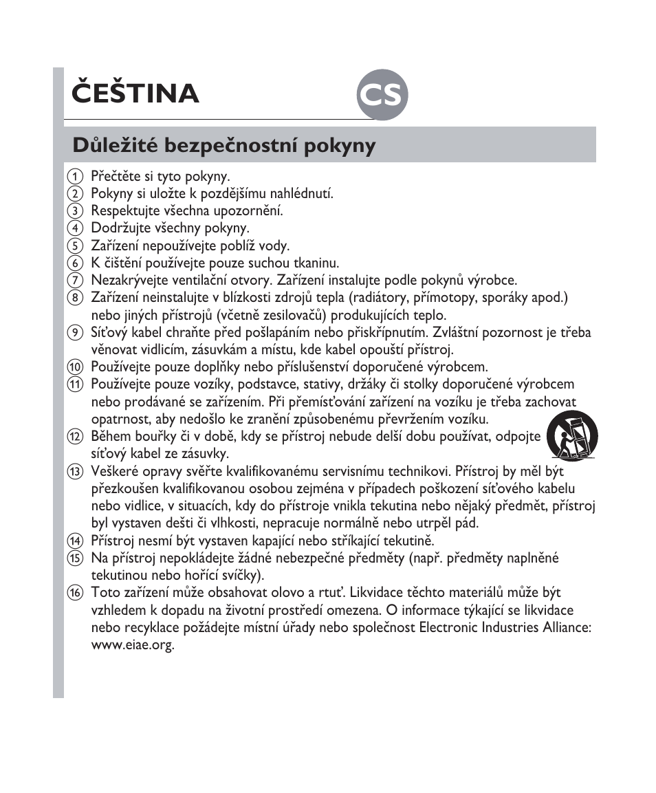 Čeština, Důležité bezpečnostní pokyny | Philips Fidelio Docking speaker DS1100 User Manual | Page 15 / 27