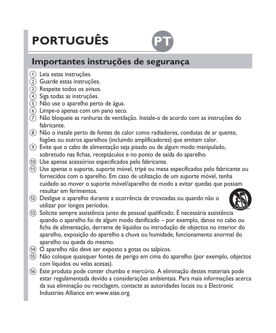 Português, Importantes instruções de segurança | Philips Fidelio Docking speaker DS1100 User Manual | Page 20 / 27