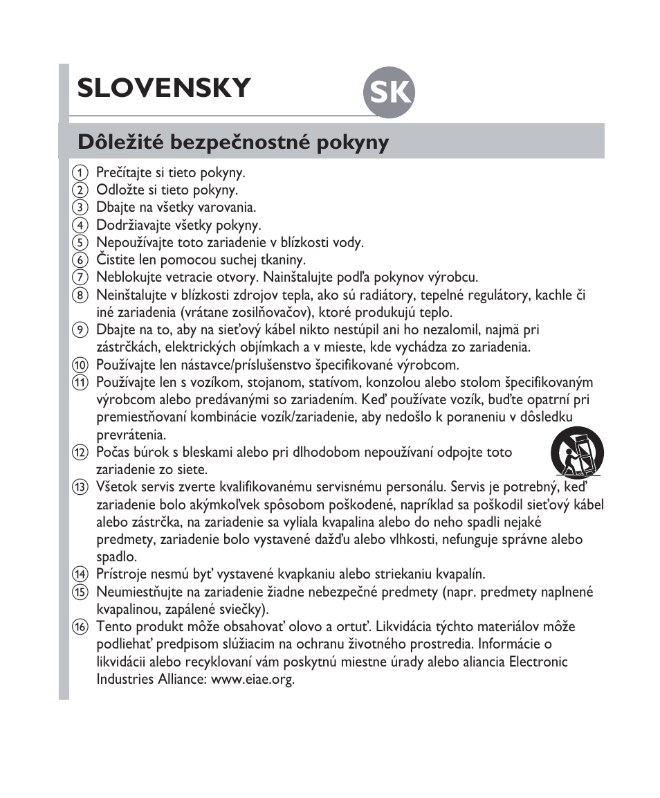 Slovensky, Dôležité bezpečnostné pokyny | Philips Fidelio Docking speaker DS1100 User Manual | Page 22 / 27