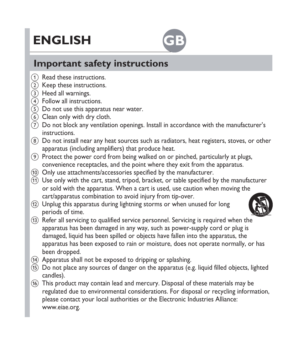 English, Important safety instructions | Philips Fidelio Docking speaker DS1100 User Manual | Page 7 / 27