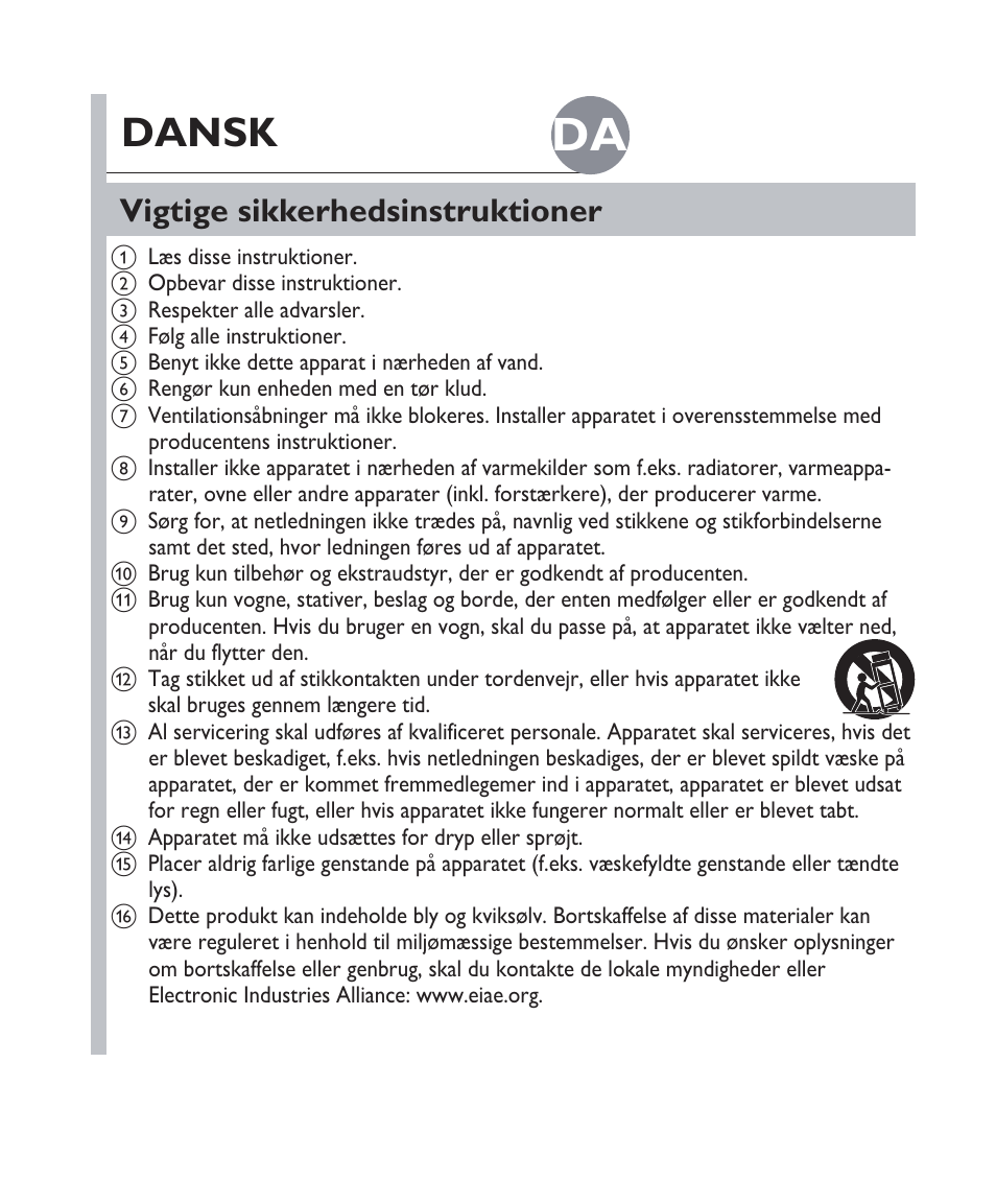 Dansk, Vigtige sikkerhedsinstruktioner | Philips Fidelio Docking speaker DS1100 User Manual | Page 8 / 27