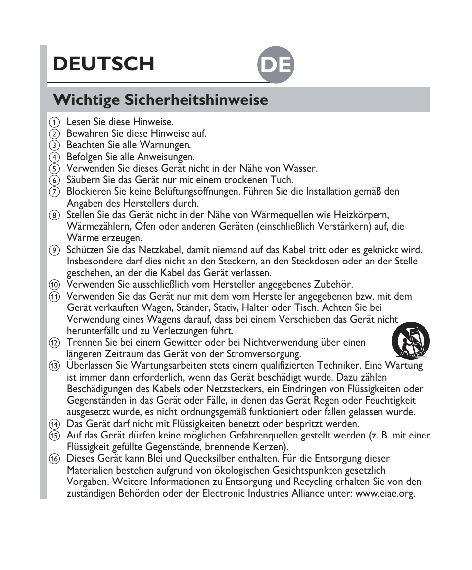 Deutsch, Wichtige sicherheitshinweise | Philips Fidelio Docking speaker DS1100 User Manual | Page 9 / 27