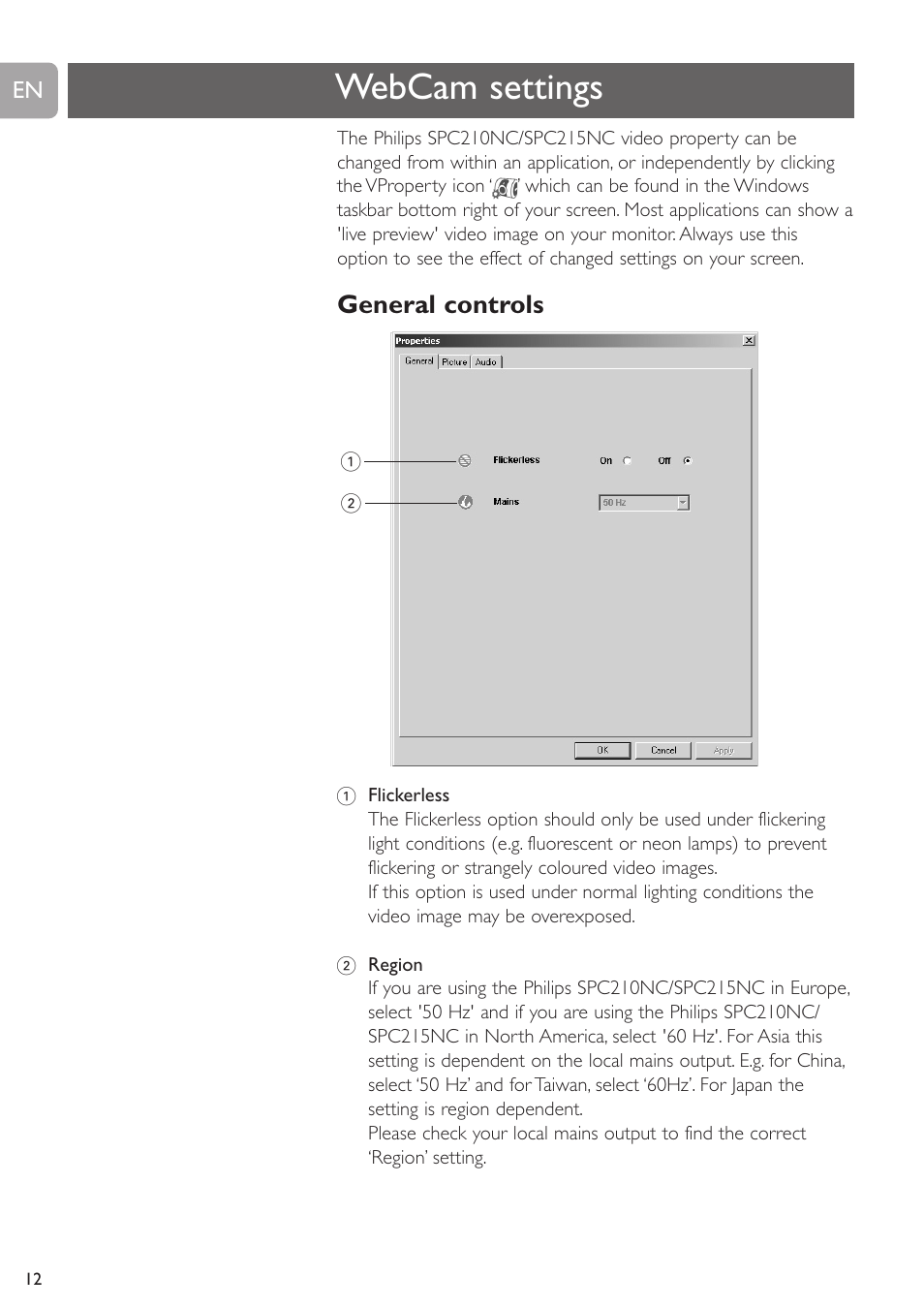 Webcam settings, General controls | Philips SPC215NC User Manual | Page 12 / 22