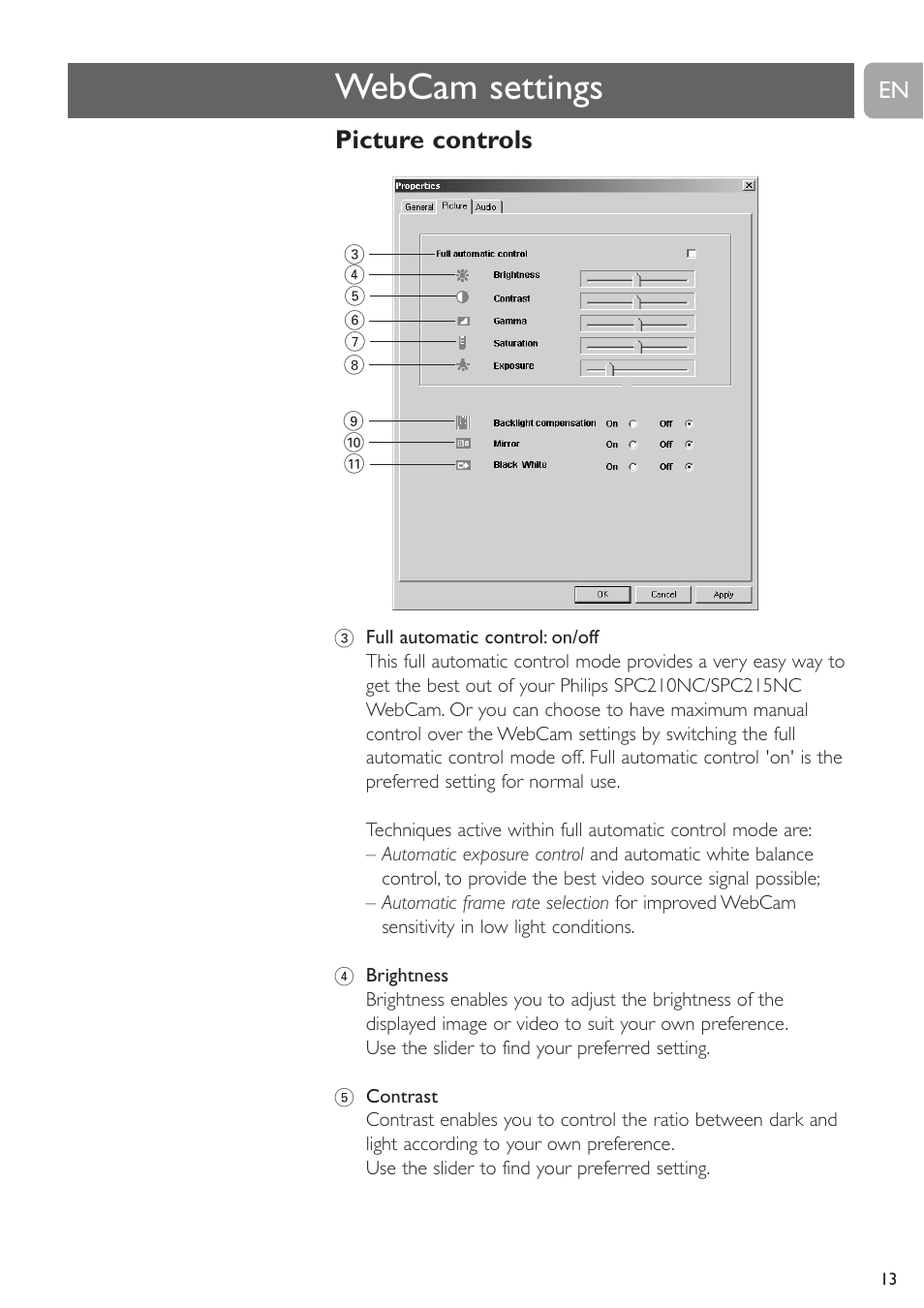 Webcam settings, Picture controls | Philips SPC215NC User Manual | Page 13 / 22