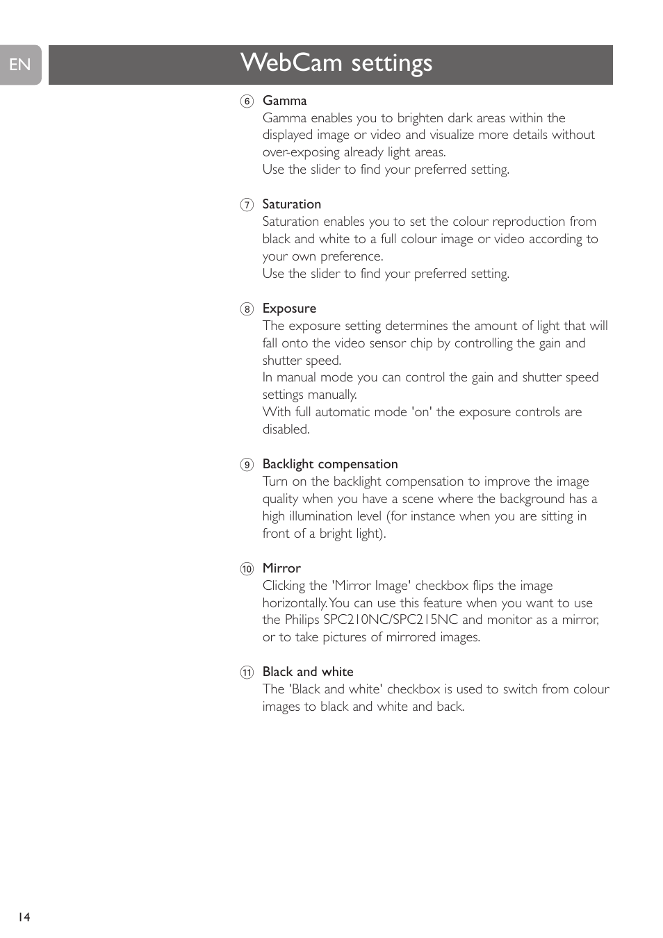 Webcam settings | Philips SPC215NC User Manual | Page 14 / 22