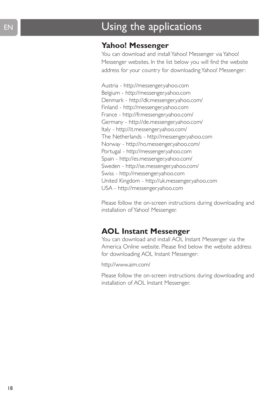 Using the applications, Yahoo! messenger, Aol instant messenger | Philips SPC215NC User Manual | Page 18 / 22