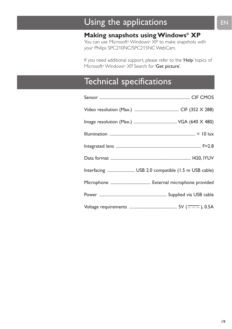 Using the applications technical specifications, Making snapshots using windows | Philips SPC215NC User Manual | Page 19 / 22