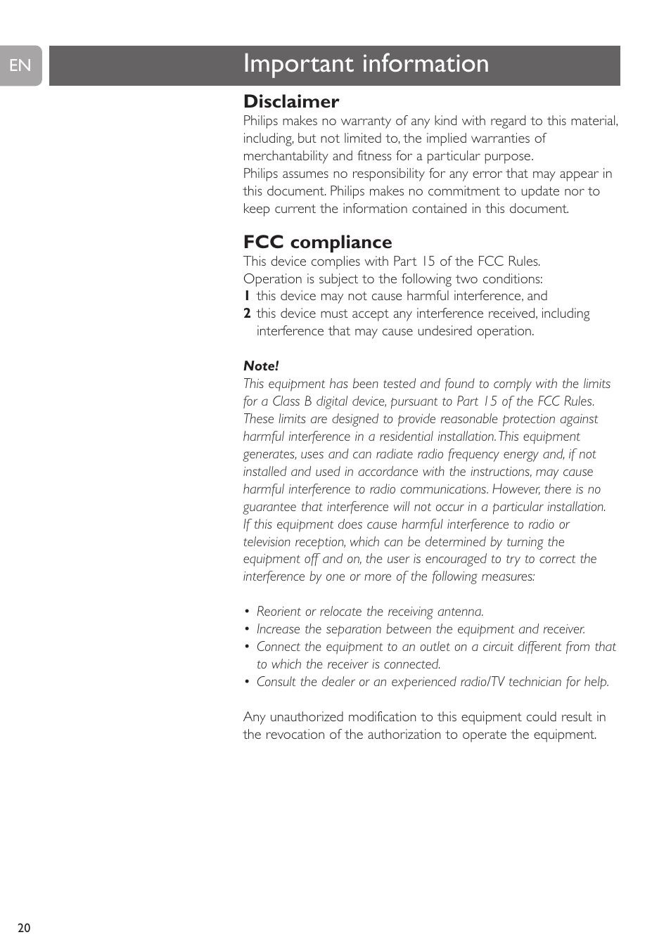 Important information, Disclaimer, Fcc compliance | Philips SPC215NC User Manual | Page 20 / 22