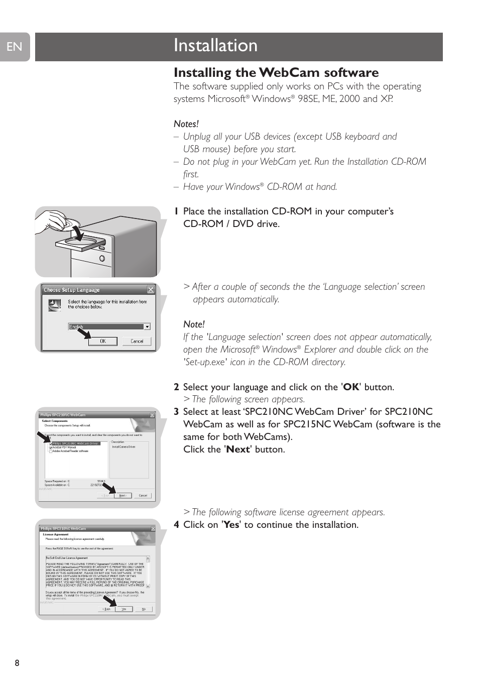 Installation, Installing the webcam software | Philips SPC215NC User Manual | Page 8 / 22