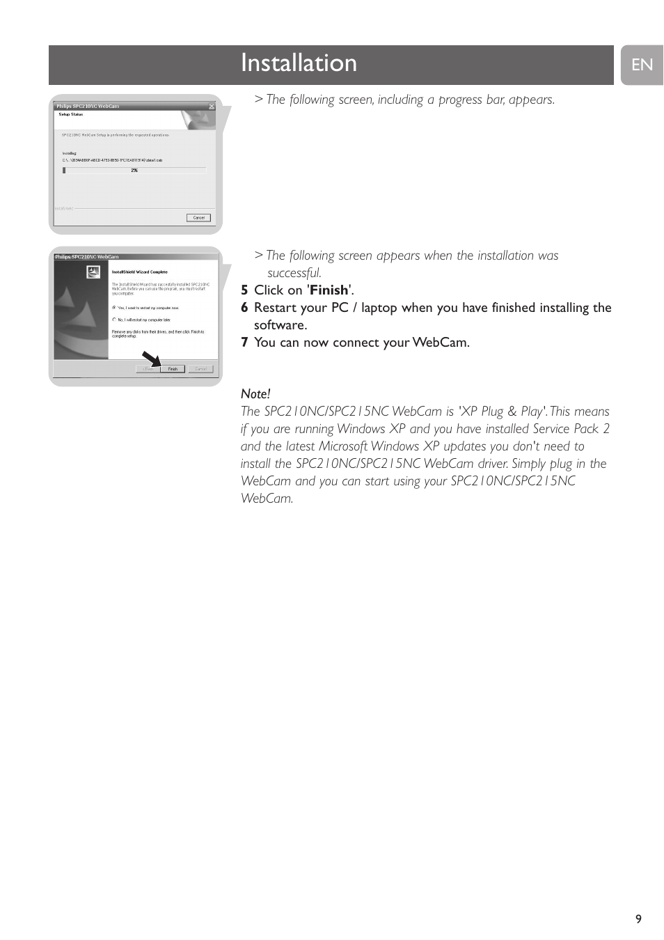 Installation | Philips SPC215NC User Manual | Page 9 / 22