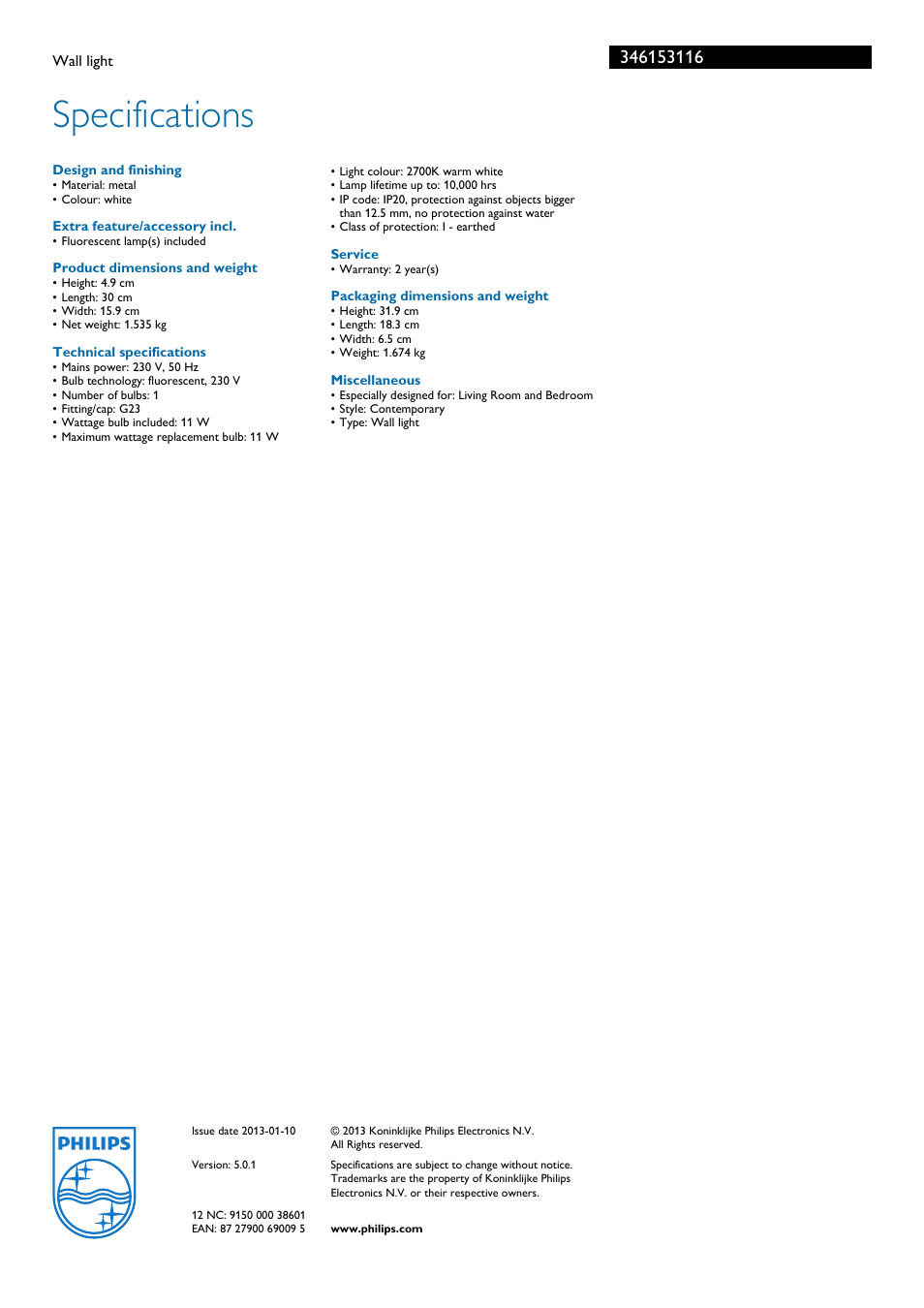 Specifications | Philips Ecomoods 34615/31/16 User Manual | Page 2 / 2