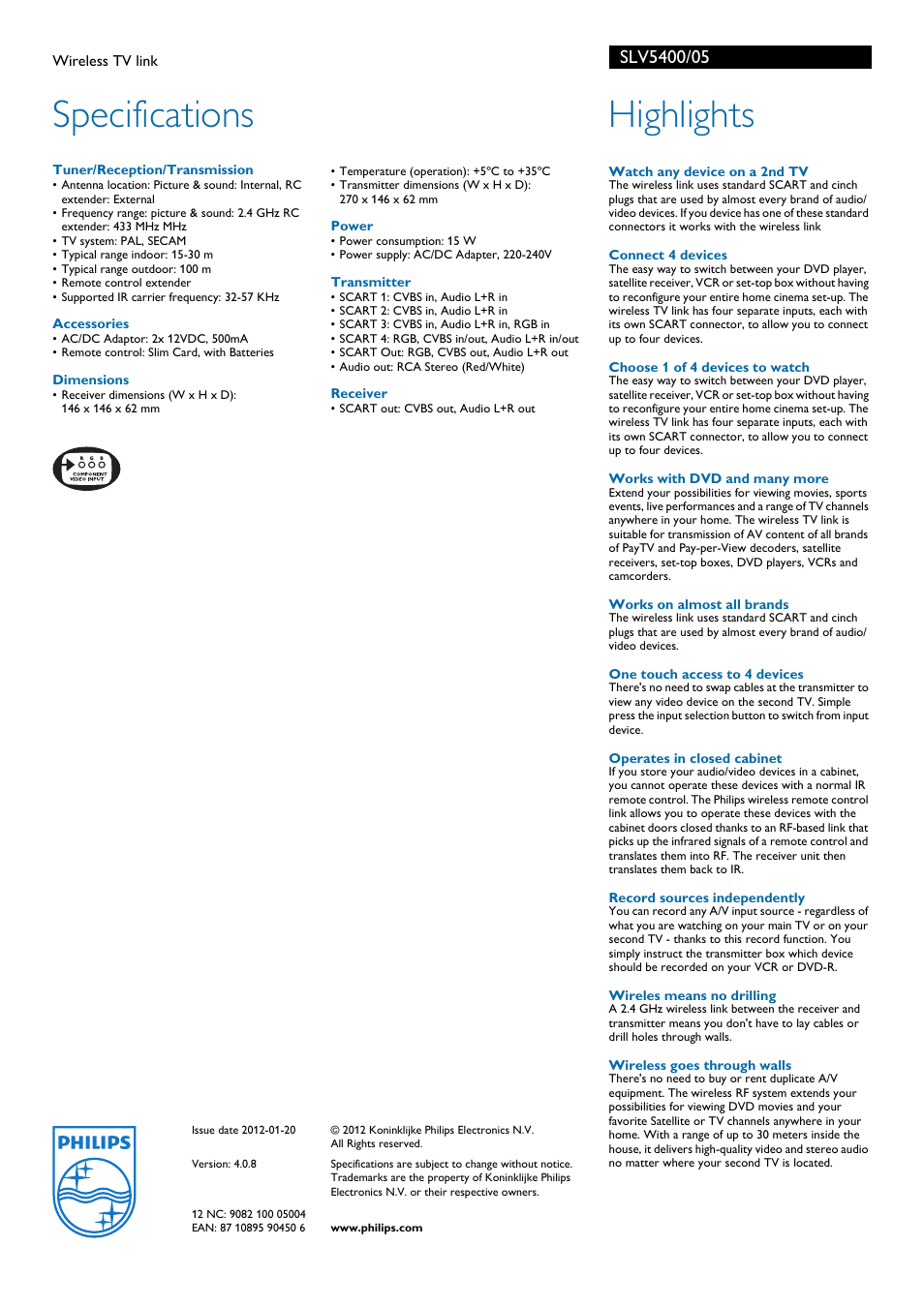 Specifications, Highlights | Philips SLV5400 User Manual | Page 2 / 2