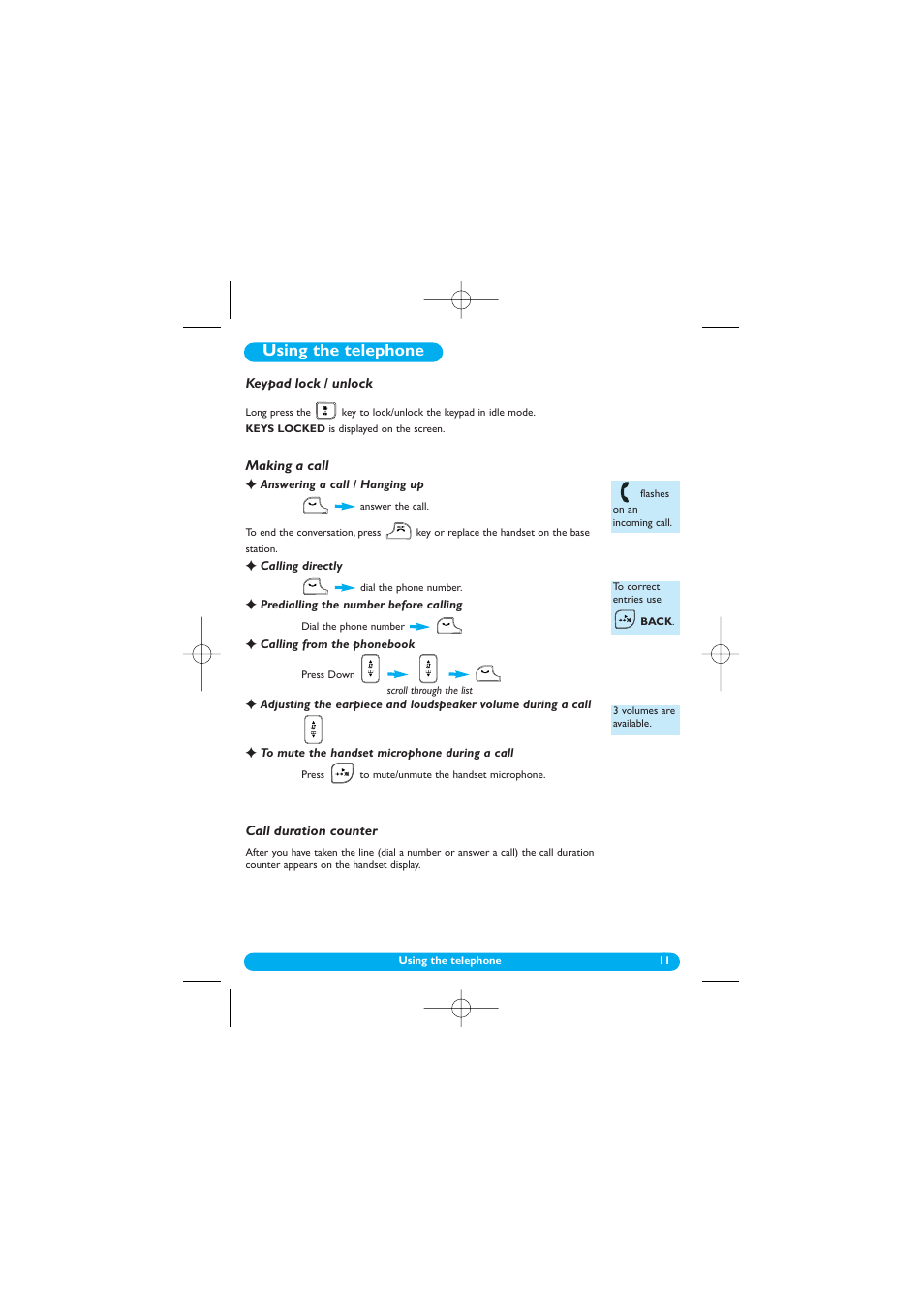 Using the telephone, Keypad lock / unlock, Making a call | Answering a call / hanging up, Calling directly, Predialling the number before calling, Calling from the phonebook, To mute the handset microphone during a call, Call duration counter | Philips DECT 122 User Manual | Page 12 / 27