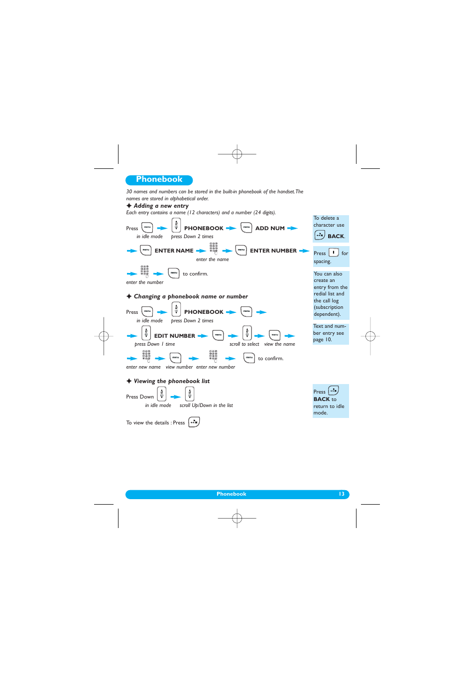Phonebook, Adding a new entry, Changing a phonebook name or number | Viewing the phonebook list, Add number, Edit number | Philips DECT 122 User Manual | Page 14 / 27