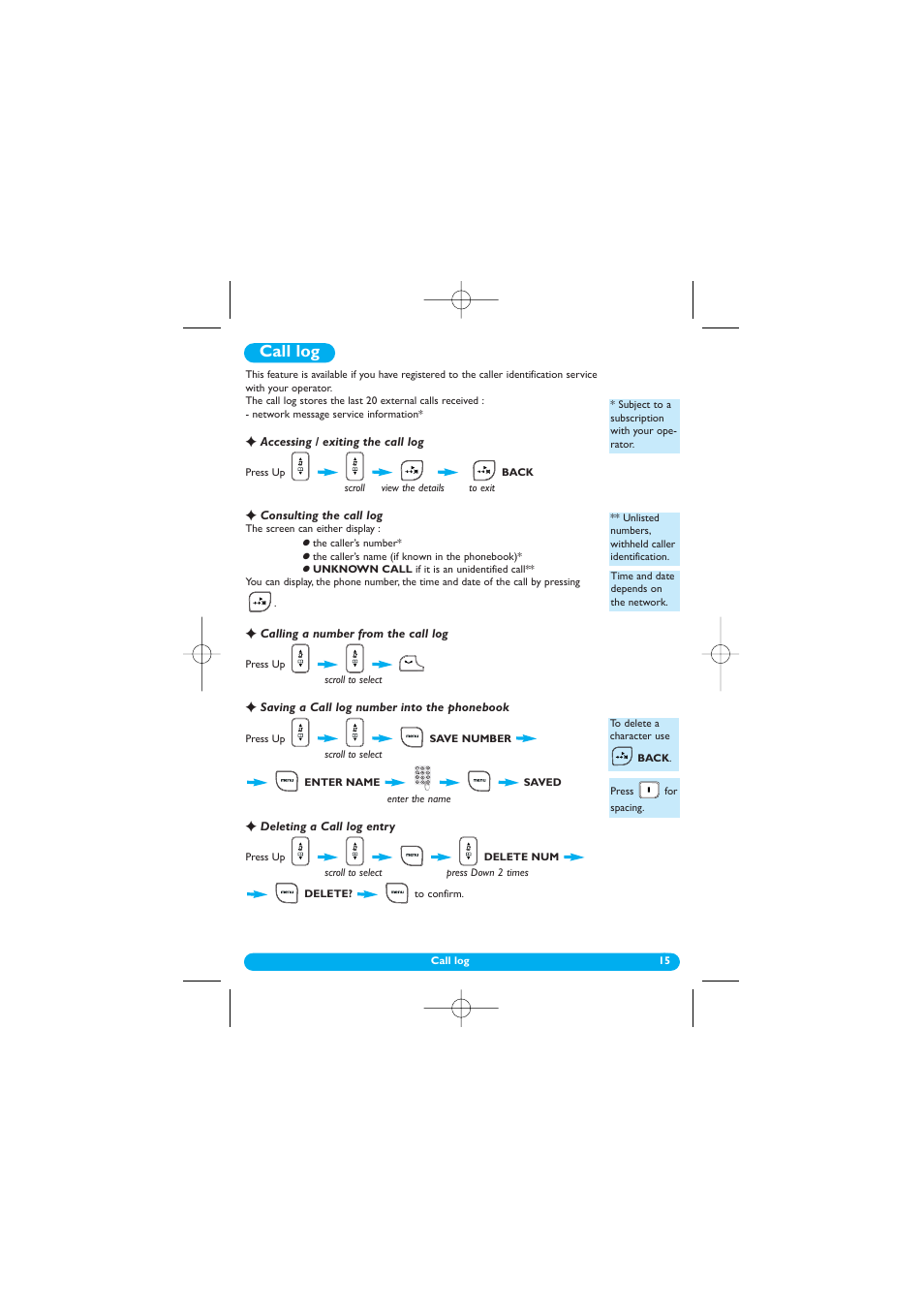 Call log, Accessing / exiting the call log, Consulting the call log | Calling a number from the call log, Saving a call log number into the phonebook, Deleting a call log entry | Philips DECT 122 User Manual | Page 16 / 27