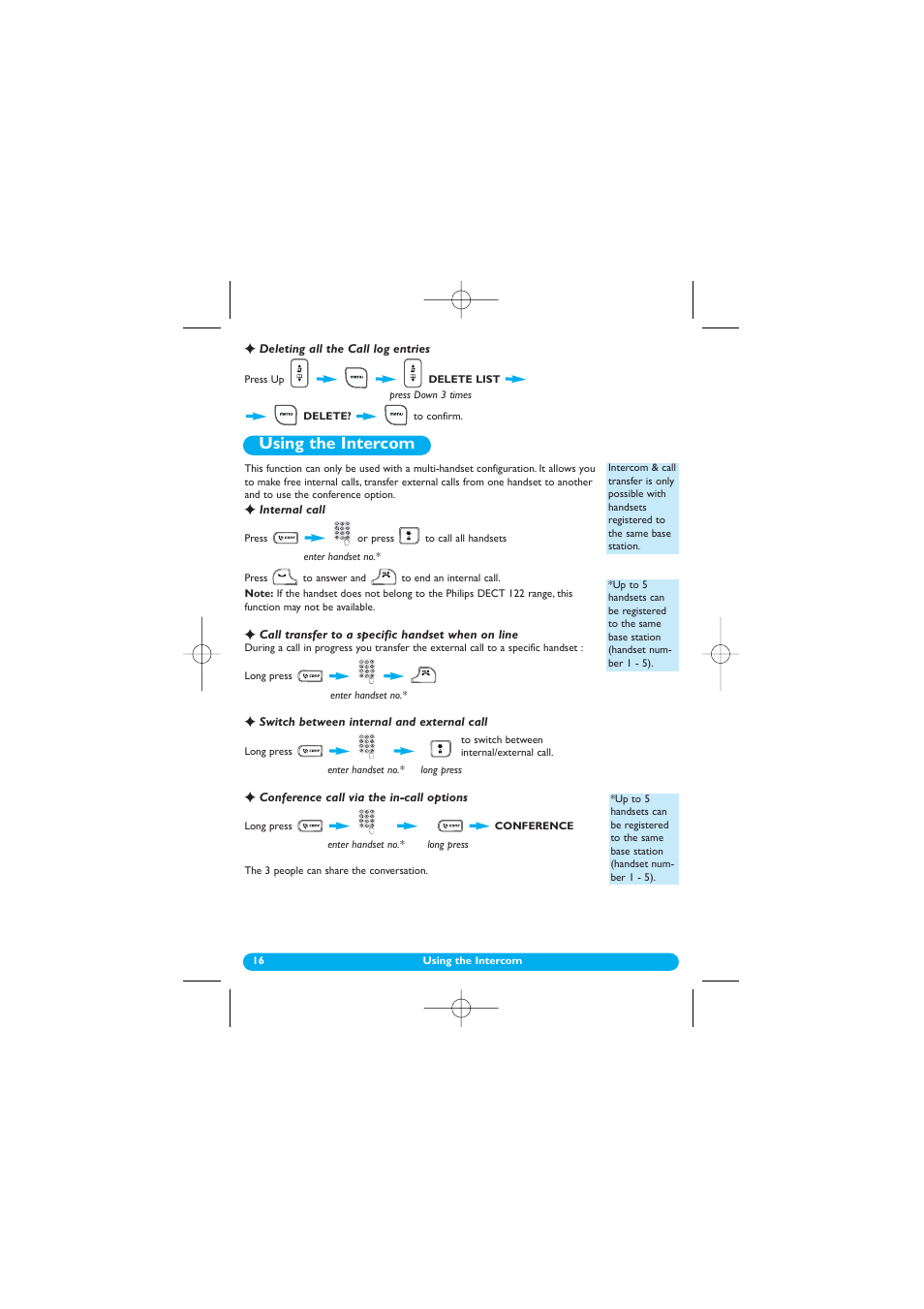 Deleting all the call log entries, Using the intercom, Internal call | Call transfer to a specific handset when on line, Switch between internal and external call, Conference call via the in-call options, Intercom | Philips DECT 122 User Manual | Page 17 / 27