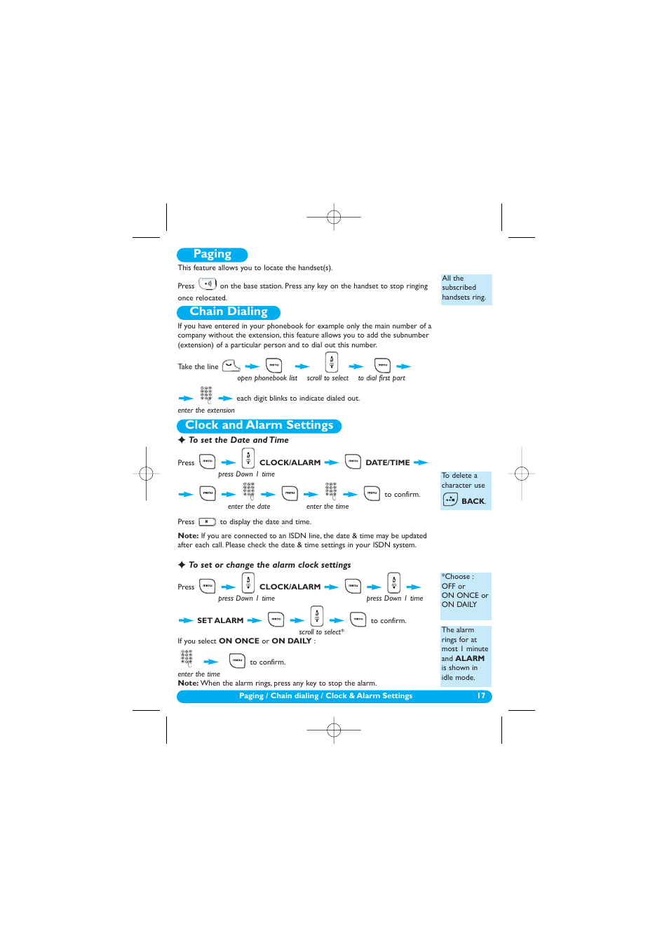 Paging, Chain dialing, Clock and alarm settings | To set the date and time, To set or change the alarm clock settings, Clock / alarm, Date/time, Set alarm, Off/on once/on daily | Philips DECT 122 User Manual | Page 18 / 27