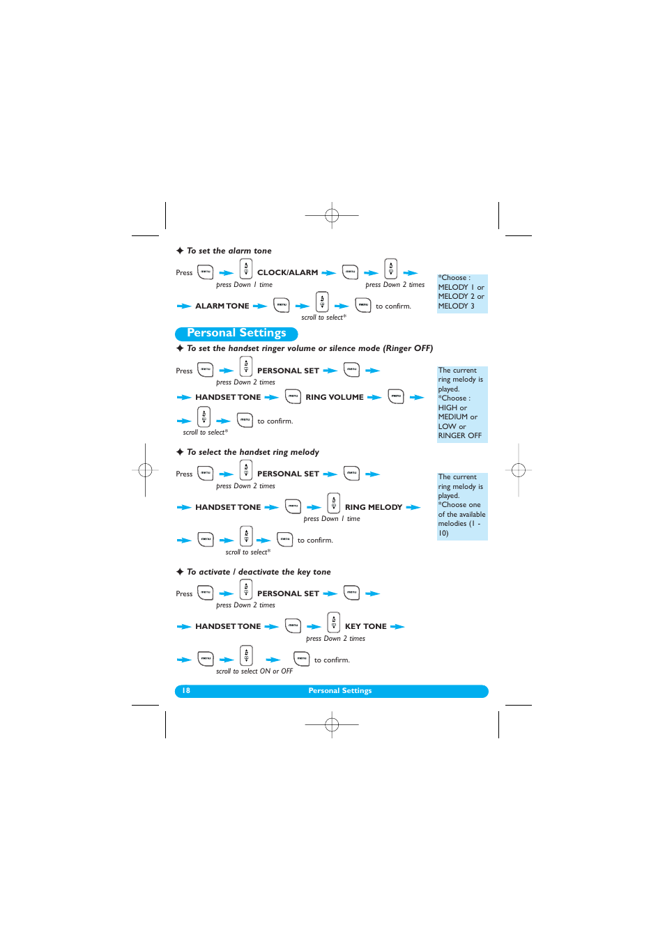 To set the alarm tone, Personal settings, To select the handset ring melody | To activate / deactivate the key tone, Handset tones, Alarm tone, Melody 1/2/3, Personal set, Handset tone, Ring volume | Philips DECT 122 User Manual | Page 19 / 27