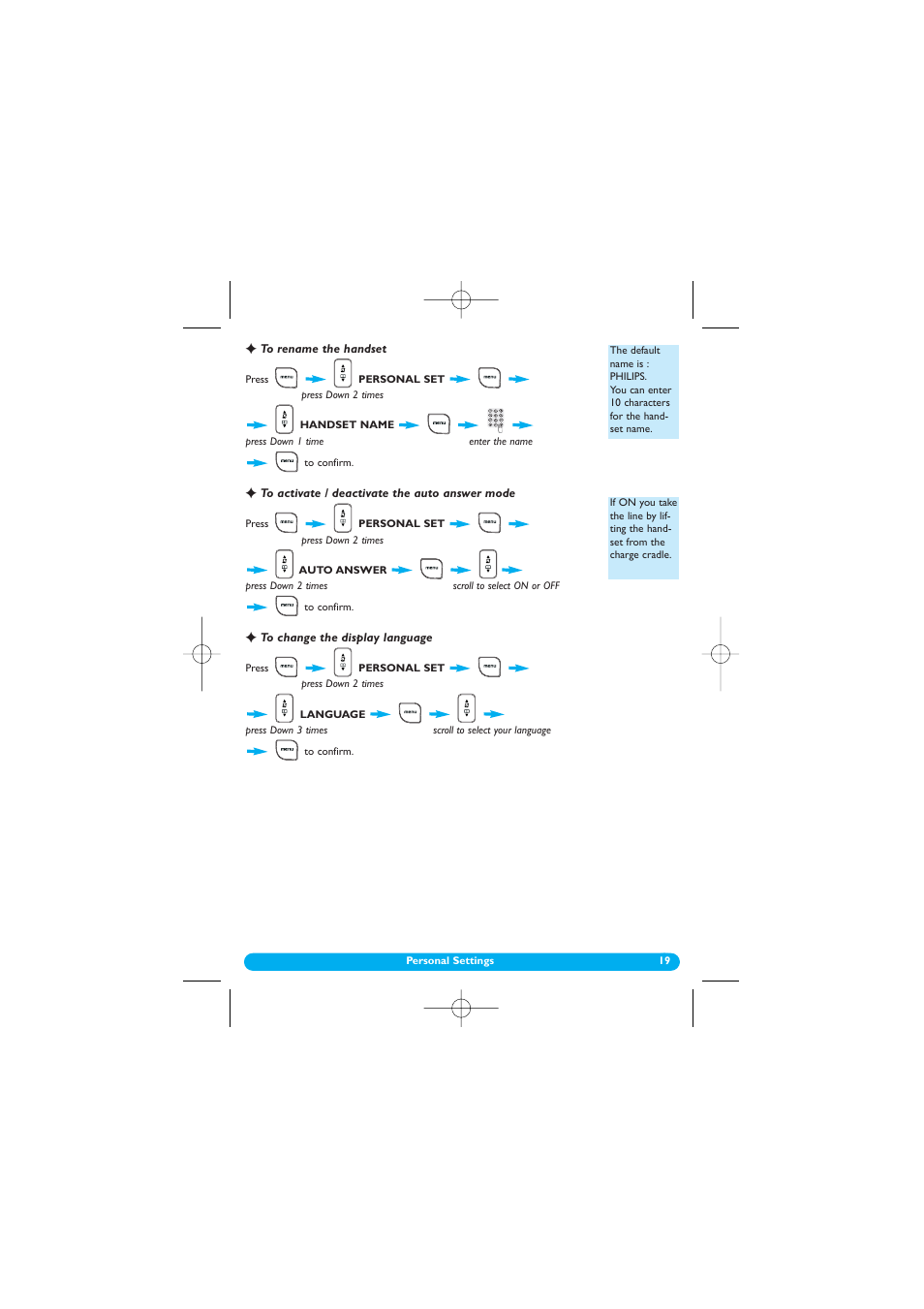 To rename the handset, To activate / deactivate the auto answer mode, To change the display language | Handset name, Auto answer, Display language, On/off, Language | Philips DECT 122 User Manual | Page 20 / 27