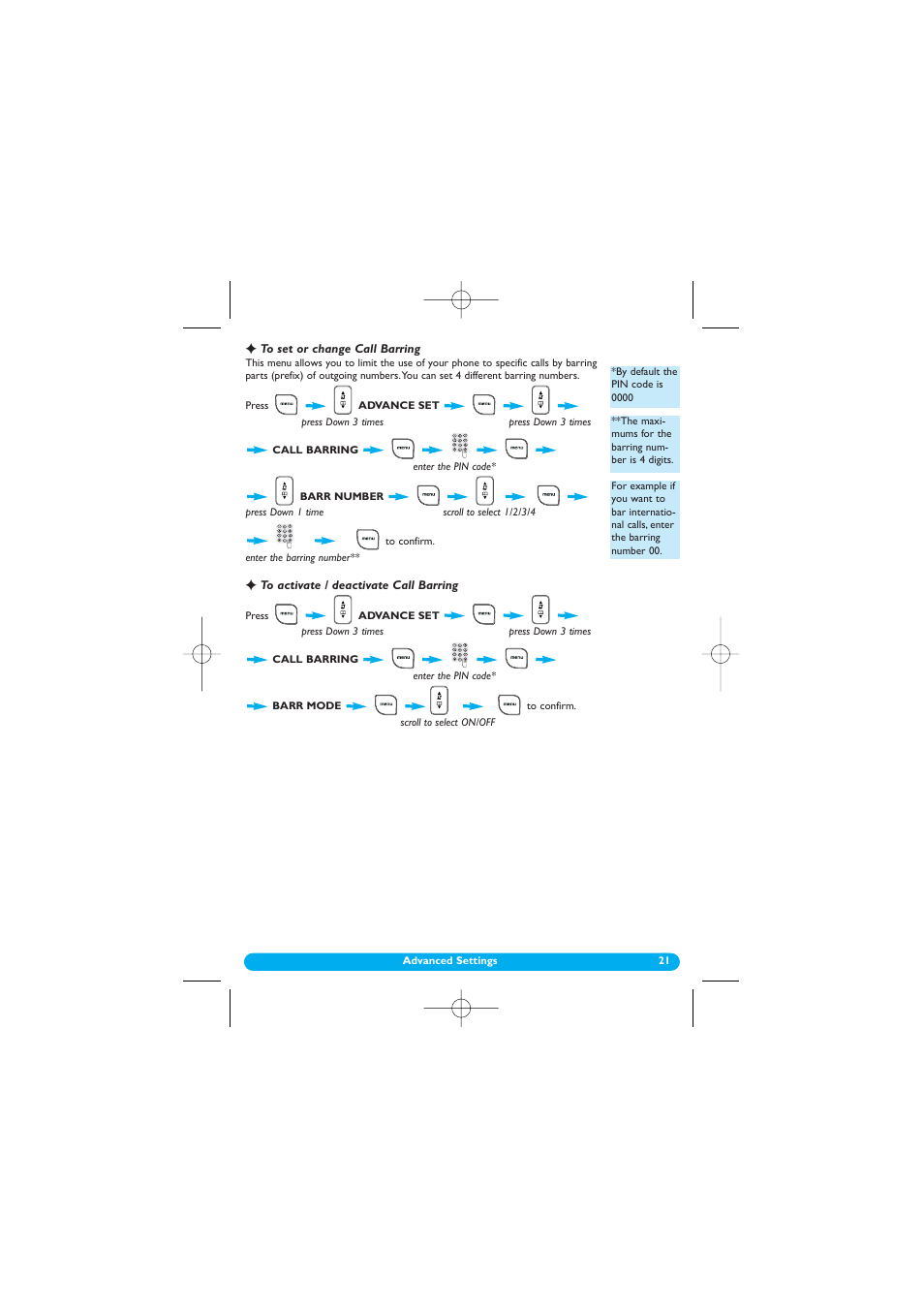 To set or change call barring, To activate / deactivate call barring, Call barring | Barr mode, On/off, Barr number, No. 1/2/3/4 | Philips DECT 122 User Manual | Page 22 / 27