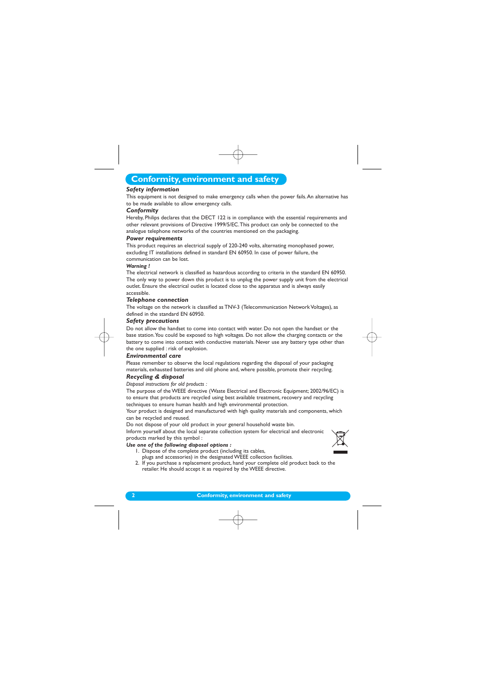 Conformity, environment and safety, Safety information, Conformity | Power requirements, Warning, Telephone connection, Safety precautions, Environmental care, Recycling & disposal | Philips DECT 122 User Manual | Page 3 / 27