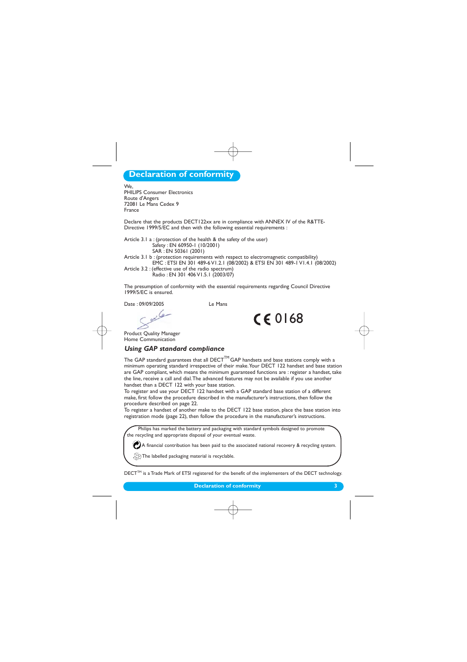 Declaration of conformity, Using gap standard compliance | Philips DECT 122 User Manual | Page 4 / 27