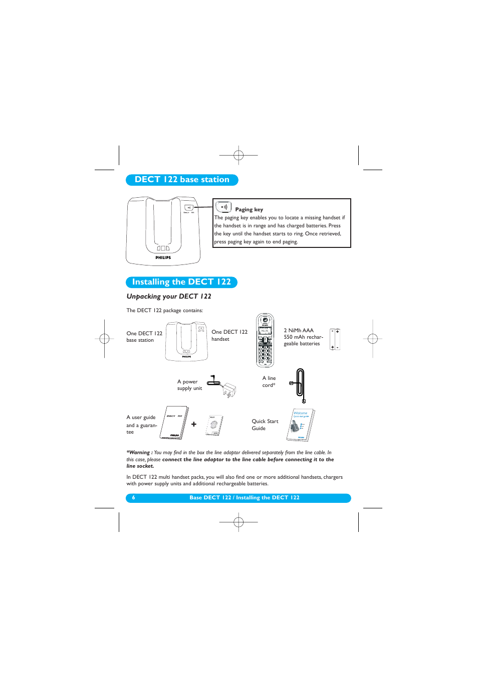 Dect 122 base station, Installing the dect 122, Unpacking your dect 122 | Philips DECT 122 User Manual | Page 7 / 27