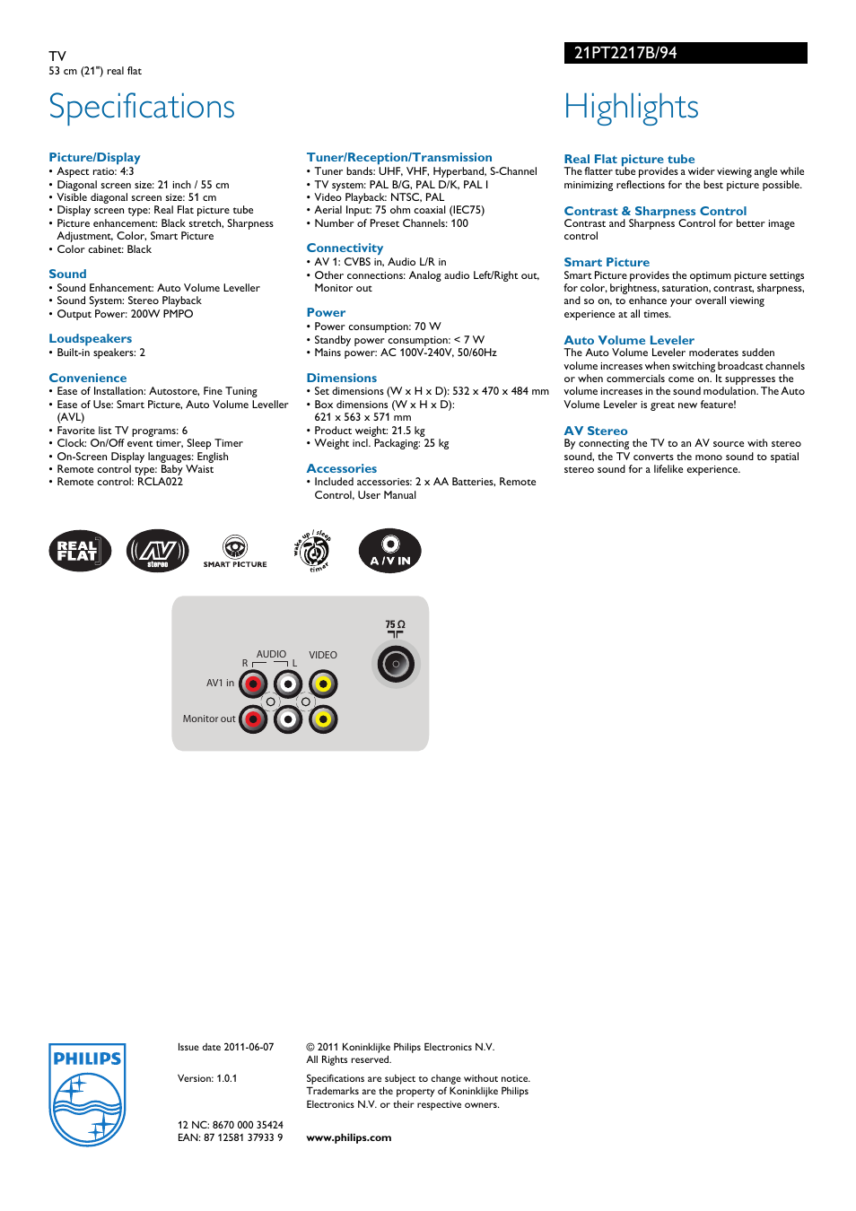 Specifications, Highlights | Philips 21PT2217B User Manual | Page 2 / 2