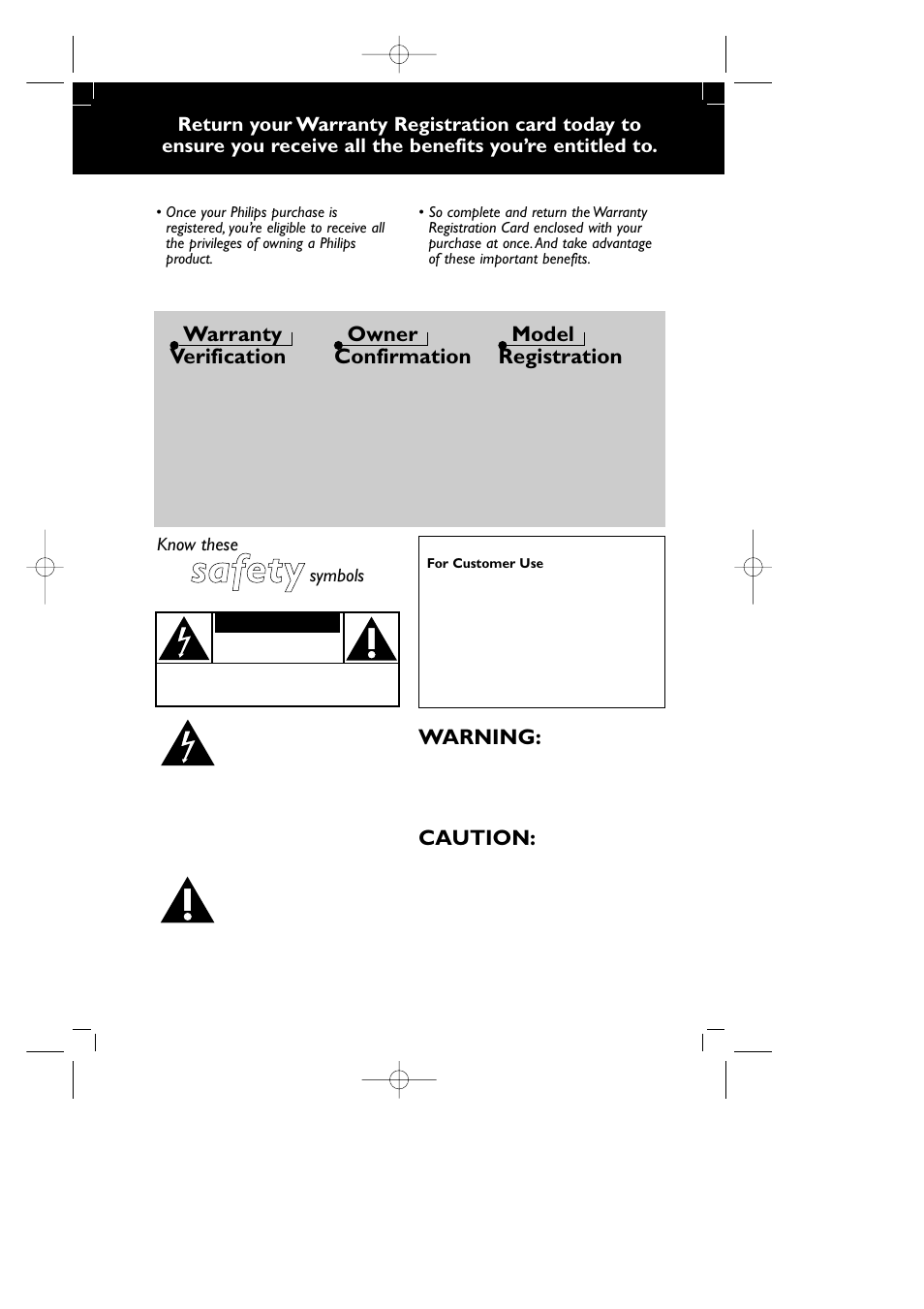 Ssa affe etty y, Warranty verification, Owner confirmation | Model registration, Warning, Caution | Philips AZ 1060 User Manual | Page 2 / 44