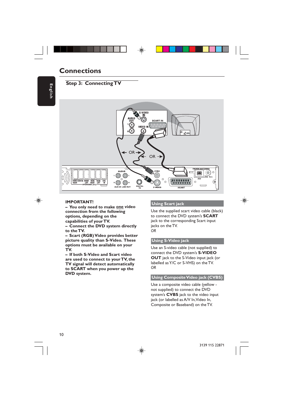 Connections, Step 3: connecting tv | Philips LX3900SA User Manual | Page 10 / 49